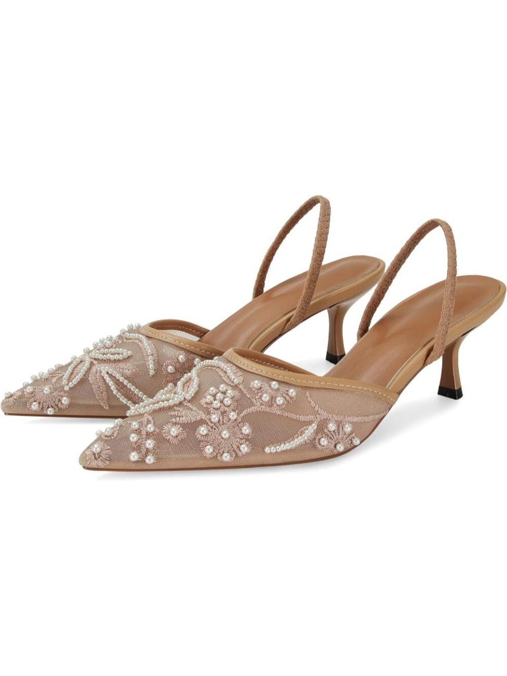 Women's Beige Pointed Toe Mesh Floral Slingback Heel Sandals With Pearl Slip On